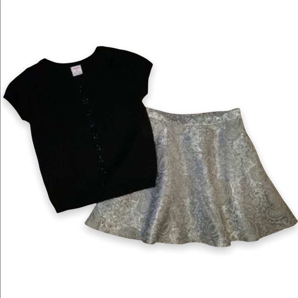 𝅺GYMBOREE Prim and Proper‎ Black Beaded Sweater & Silver Brocade Skirt Girls 4